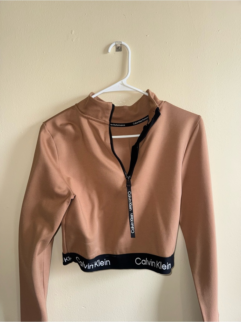Calvin Klein Cropped Zip-Front Top in Mauve Taupe with Black Trim